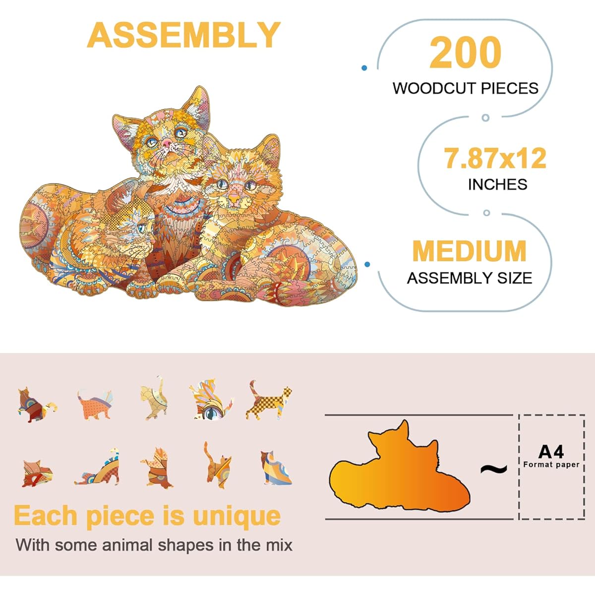 NKTDWO Wooden Jigsaw Puzzle Cat Puzzle Unique Animal Shape Puzzle for Adults and Kids 200 Pieces Magic Puzzle Decoration Gift Family Game (M, Orange Cat)