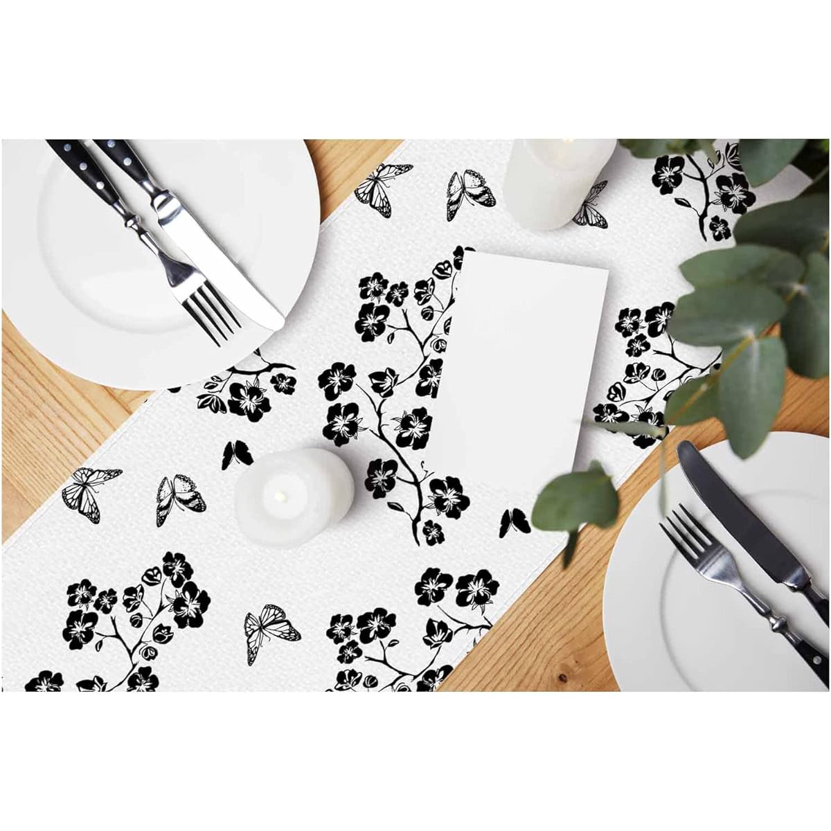 HOSNYE Table Runner Black Twig Cherry Blossom Butterfly Silhouette Cotton Linen Table Runner Decor for Kitchen Family Dinner Table Holiday Party Farmhouse Style 13 x 72 inches