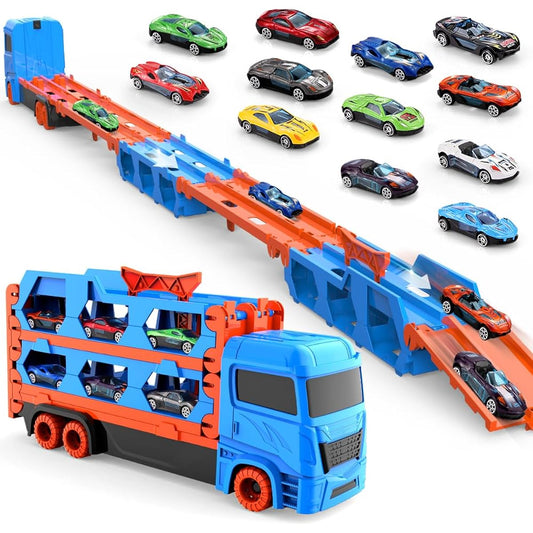 TIAONIAO Ejection Truck Race Truck Transformable Foldable Storage Transporter Catapult and Shooting Metal Car Toy Toddler Toys for 3 4 5 6 Year Old Boys Girls (Blue)
