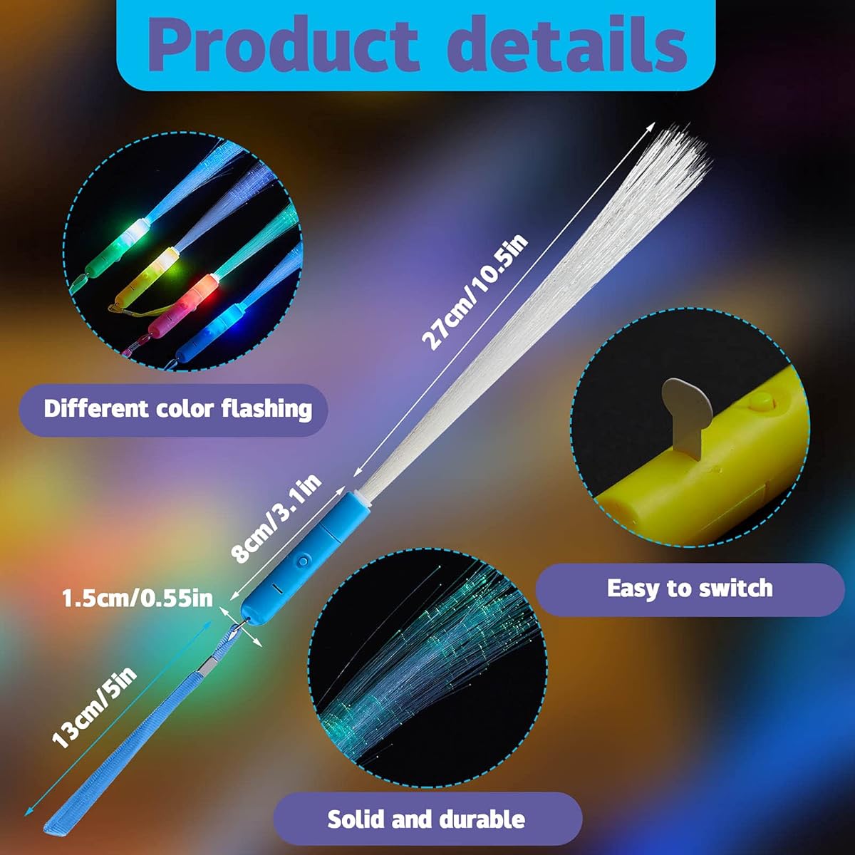 Skylety 36pcs Glow Fiber Wands Sticks LED Light Wands Fiber Optic Wands LED Flash Sticks Glow Flashing Wands Fiber Optic Wands Party Favors Colorful Battery Operated