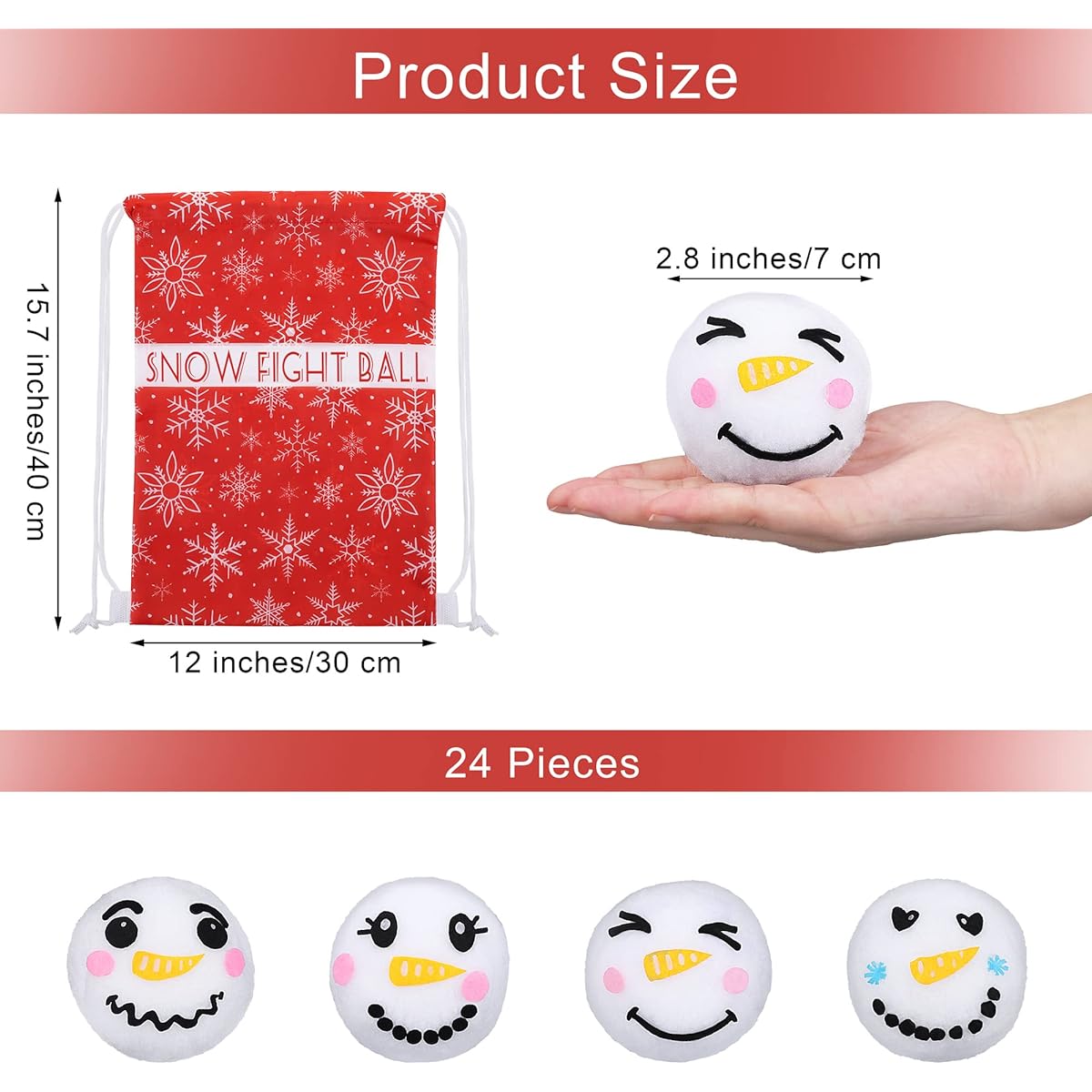 ELCOHO 24 Pack 2.8 Inch Snow Toy Ball Set Fight Fun Plush Cute Snowman Balls Artificial Fake Balls with Snowflake Bag Christmas Winter Games Indoor Outdoor Play Toys