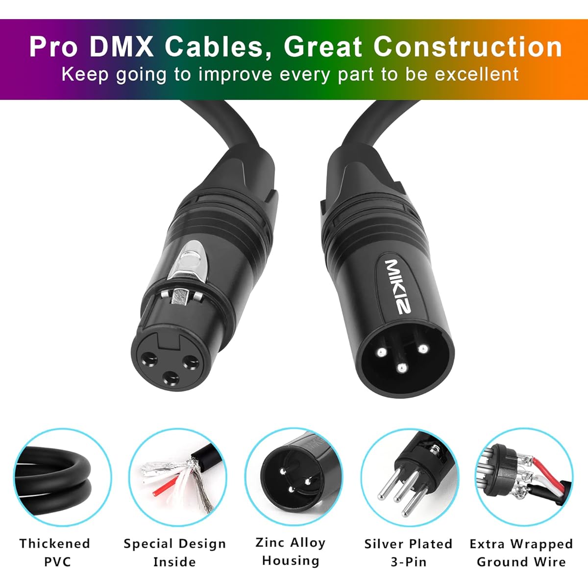 DMX Cables 50ft 2 Pack - MIKIZ Pro 3 Pin DMX Male to Female Stage Signal Lighting Cable