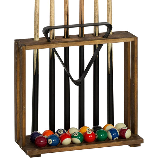 MyGift Rustic Burnt Solid Wood Freestanding Billiard Pool Cue Organizer with Ball Storage and Triangular Rack Slots