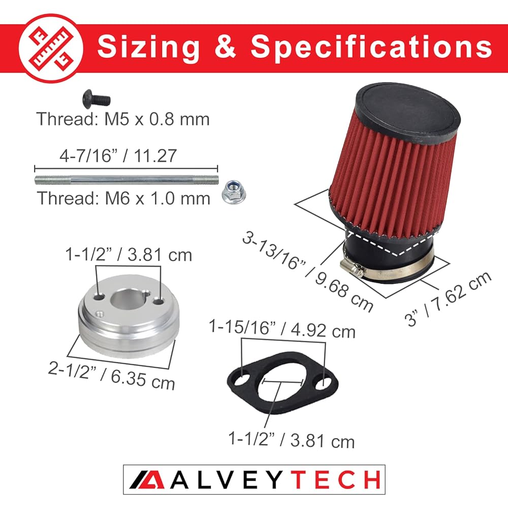 AlveyTech High Performance Air Filter Intake Kit Compatible with Coleman CT100U & CC100X 98cc Mini Bike - Engine Air Cleaner Universal Replacement Accessory Part for Power Sports Go Karts (Red)