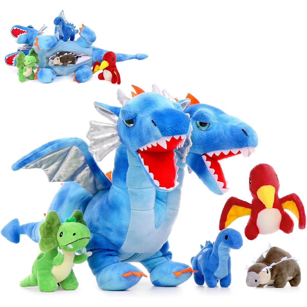 Tezituor 5pcs Double Headed Dragon Plush Toy, Dinosaur Plush Toy Set, Mummy Dragon with 4 Baby Dinosaur Plush Toys, Dinosaur Gifts for Girls/Boys/20"