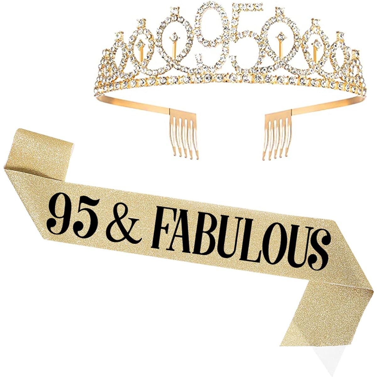 UVATAHONA 95th Birthday Sash and Tiara for Women 95 & Fabulous Sash and Crown 95th Birthday Decoration Gift for Women Queen Party Favors Supplies Gold