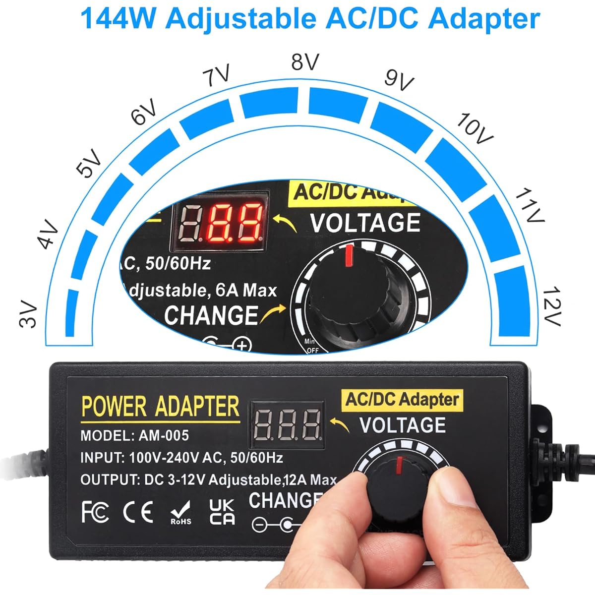 Auplf Adjustable Power Supply Adjustable 3V ~ 12V 12A 144W DC Power Supply AC 100V-240V 50/60Hz Universal Power Adapter AC-DC Power Adapter Converter Transformer with 14 Chips