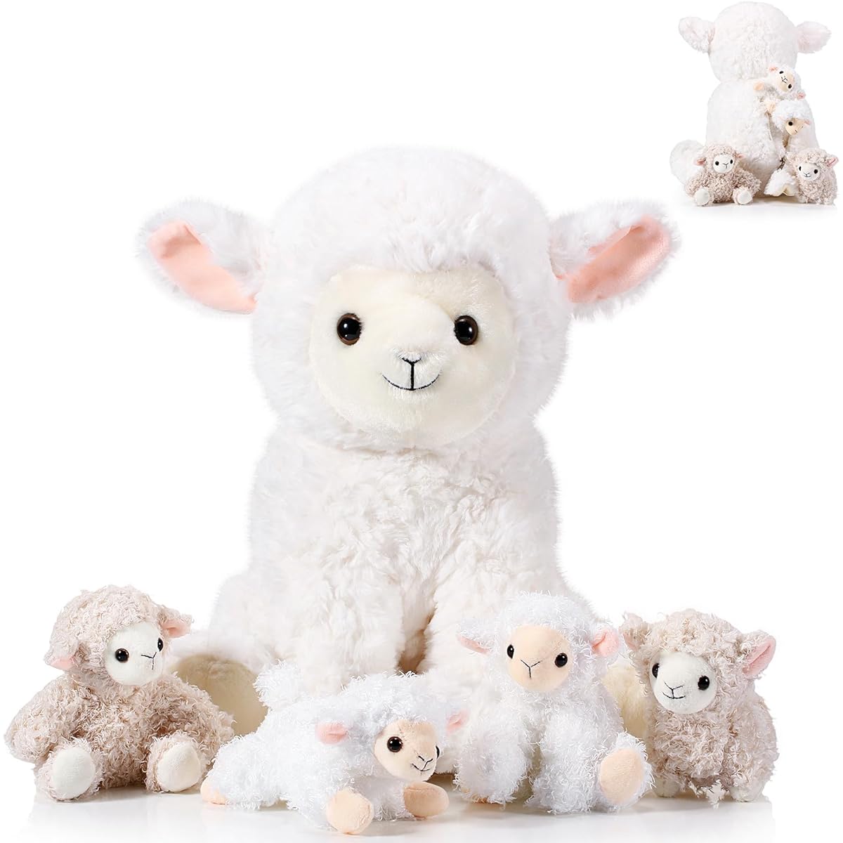 Lenwen 5 Piece Plush Lamb Set, 14" Mommy Lamb Stuffed Animals with 4 Adorable Babies Zippered Belly Soft Cuddly Nursery Sheep Stuffed Animals for Boys Girls Birthday Gifts Party Favors Farm Party Decor