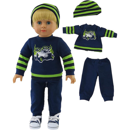 American Fashion World Blue and Green Striped Pants Set with Beanie