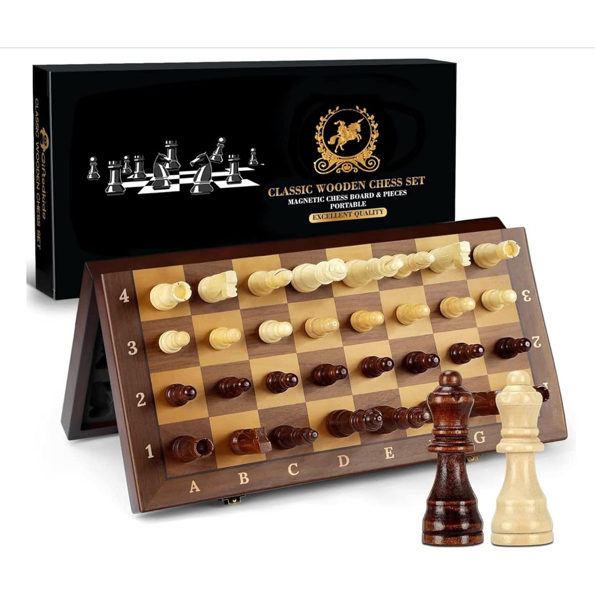 GiftedKids Magnetic Travel Chess Set | Wooden Chess 15" x 15" Board Game Chess Set for Adults | Folding Chess Set Game Board with Magnetic Crafted Chess Pieces
