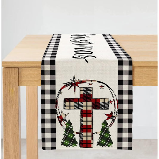 AT036 Christmas Decorations Cloth Black White Buffalo Plaid Table Runner 13x72 Inch White Red Farmhouse Indoor Vintage Christmas Decor Holiday Theme Gathering Dinner Party Holiday