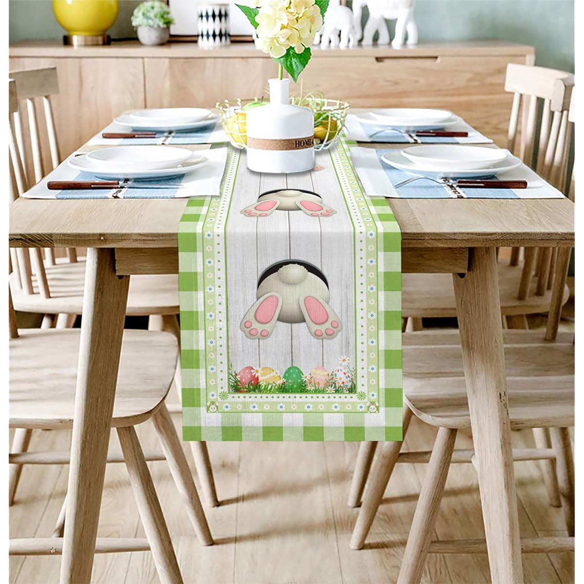 Edwiinsa Bunny Tail and Spring Easter Egg Grassland Table Runner Cotton Linen 108" Long Green Check Wooden Board Rectangle Placemats for Kitchen Coffee Dining Bedroom Living Room Scarf Decor