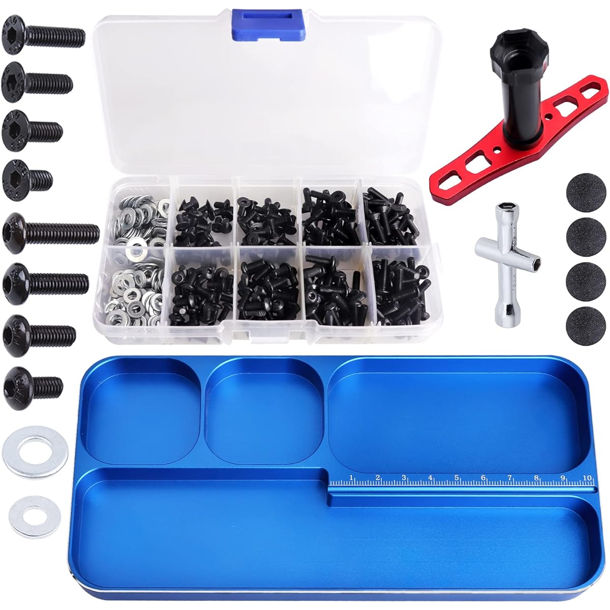 CrazyHobby RC Screw Kit Screws Assortment Set Screw Tray Hardware Fasteners 17mm Wheel Wrench Small Cross Hex Key for Traxxas Arrma Axial SCX10 Redcat HPI Losi Scale RC Car Truck Crawler