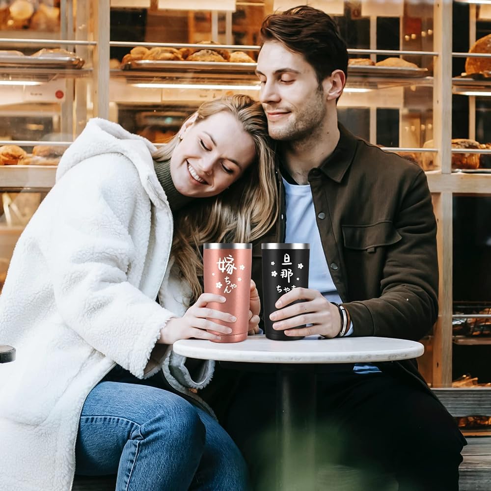 Livole Wedding Gift Present Wedding Anniversary Pair Tumbler Gift Vacuum Insulated Tumbler Couple Pair Gift Stainless Steel Tumbler with Lid Thermal Insulation Large Capacity No Spill Tumbler Set Alcohol Coffee Beer Beer 560ml, "My Husband & Wife"