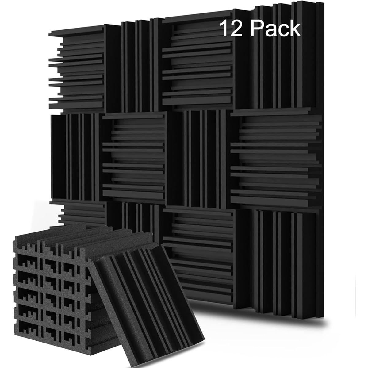 Acoustic Foam Panels by PHITTIS High Density Acoustic Panels for Walls and Ceilings Improved Multi-Groove Design Quick Recovery Acoustic Panels Black 12 Pack 12" x 12"