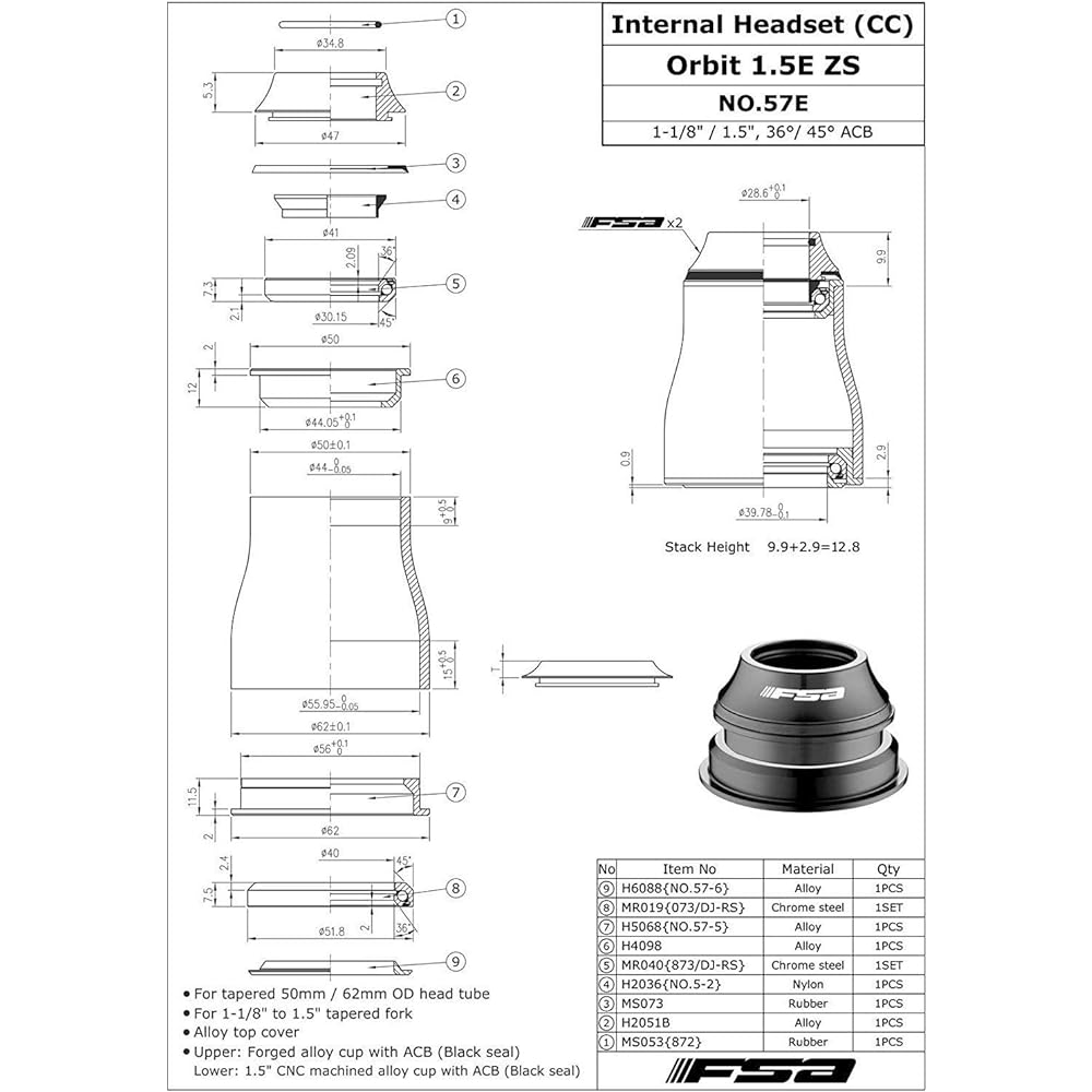 FSA No.57E Orbit 1.5E ZS 1-1/8"-1.5" tapered Headset OD 50mm/62mm #XTE1532