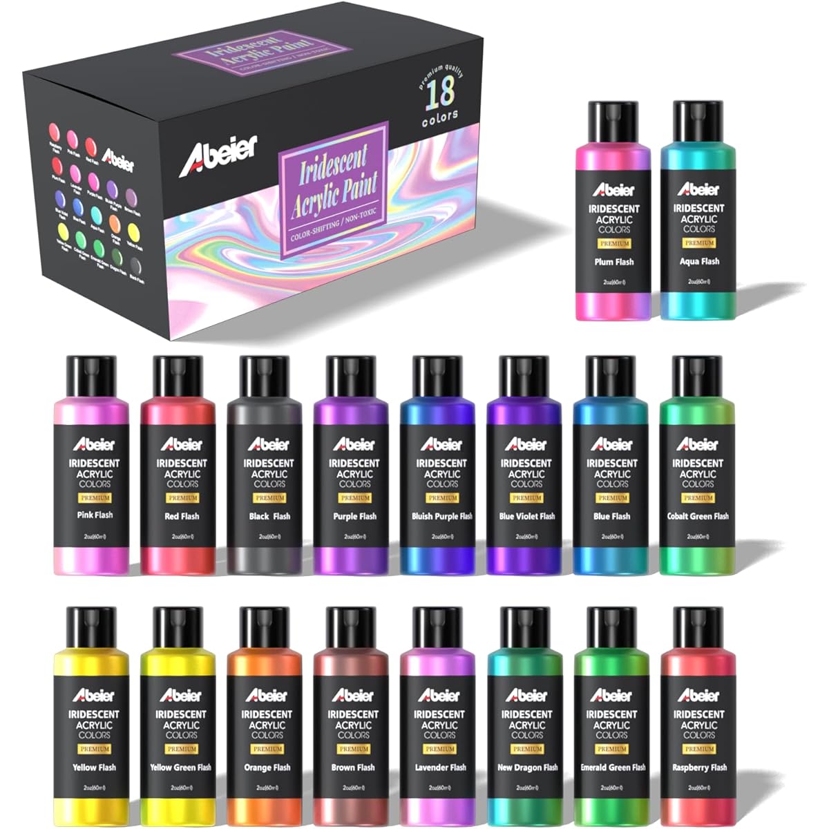 ABEIER Iridescent Acrylic Paints, Chameleon Colors, 2oz/60ml Bottles, Set of 18, Non-Transferable, Non-Toxic, High Viscosity, Blendable, Paint on Rocks, Craft, Canvas, Wood, Fabric, Ceramic, Stone