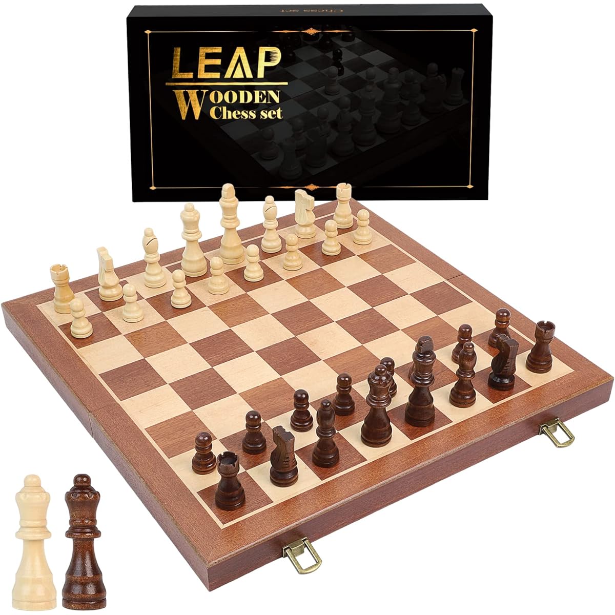 LEAP 15" Wooden Folding Chess/3" King Height Chess Pieces Portable Travel Chess Board Folding Board Sapele & Maple Inlay