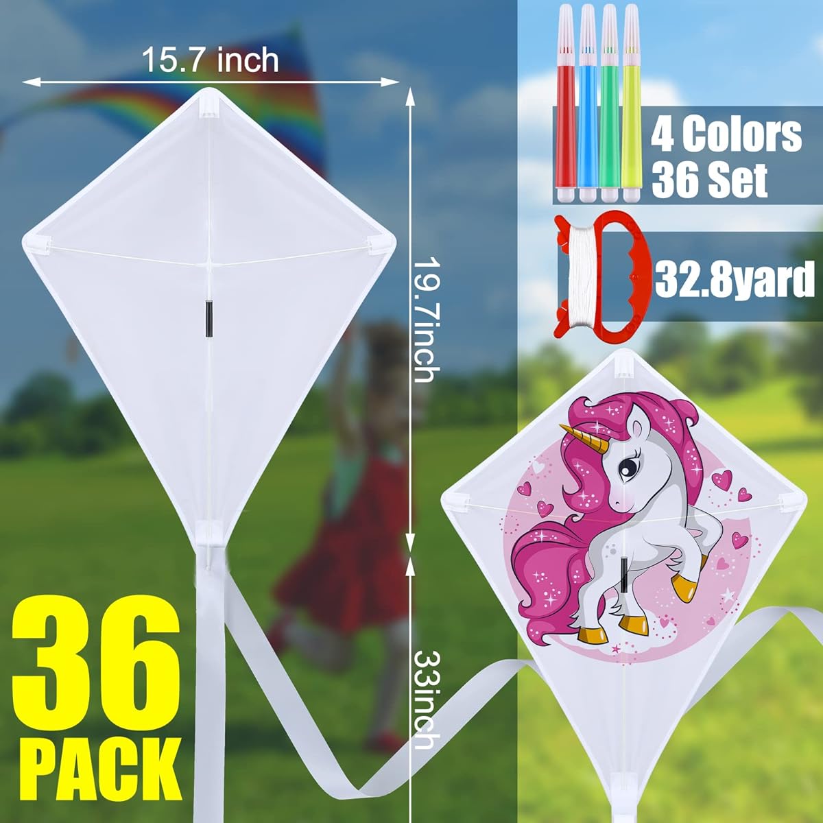 36 Pack DIY Kite for Kids 4-8 Years Mini Toddler Kite Craft Making Kit Little Kids White Blank Kite with Rotating Lines and Paint Color Pens for Outdoor Park Beach Grassland Activities