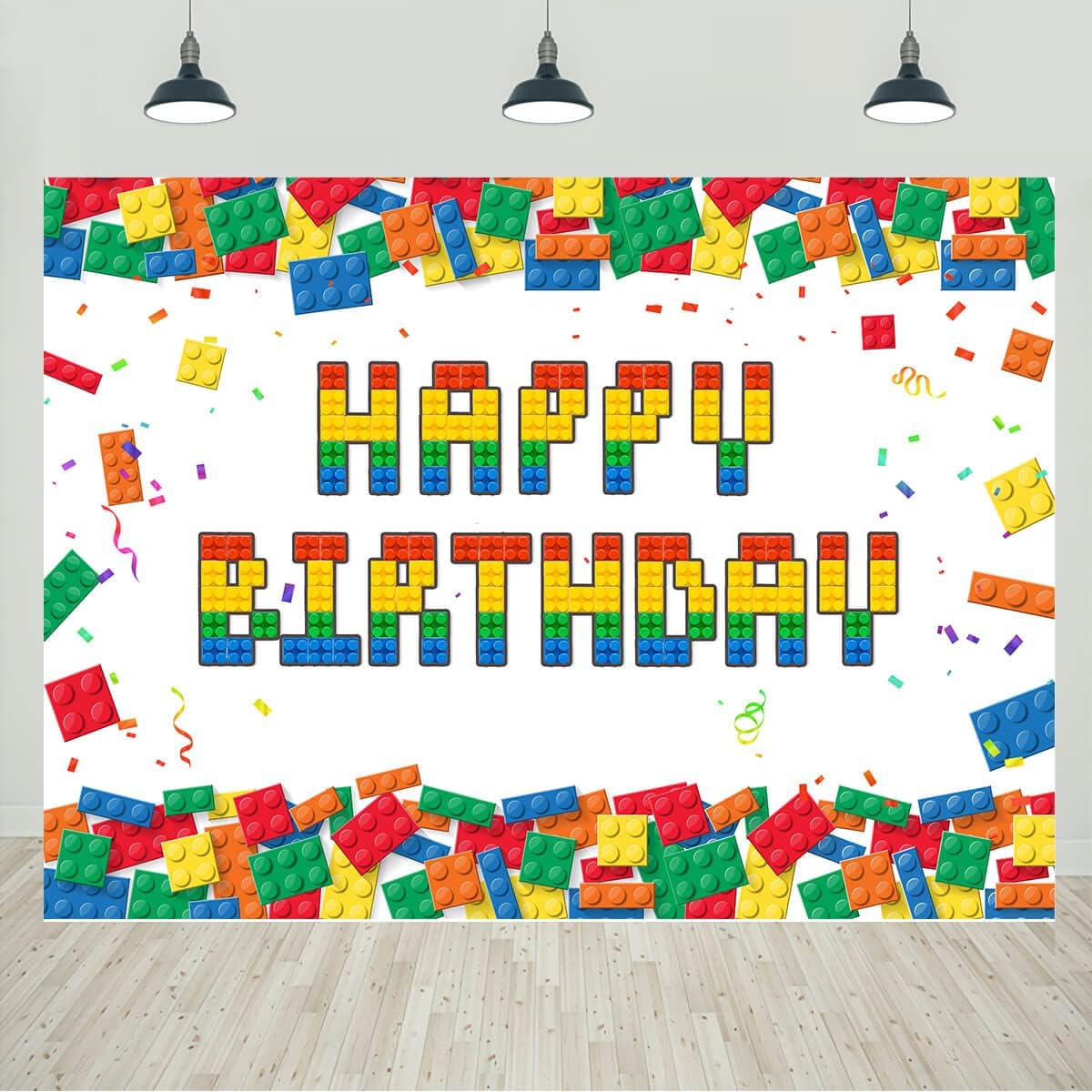 Building Blocks Birthday Backdrop Boy Girl Colorful Building Blocks Happy Birthday Party Photography Background Decorations Kids Birthday Party Cake Table Banner Supplies 7x5ft