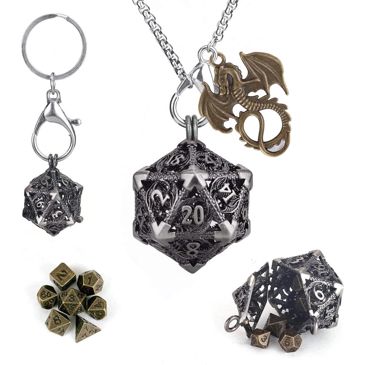 SUDESMO Mini DND Dice Set, DND Dice D20 Keychain D&D Dice Necklace Small Metal Dice Bag Case Portable 7 Dice Set Dungeons and Dragons Accessories DND Gifts Silver