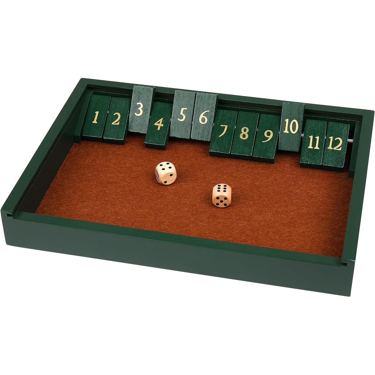 STERLING Games Wooden Shut the Box Game with 12 Numbers Home Decor Design Lid Cover Felt Rolling Surface Green