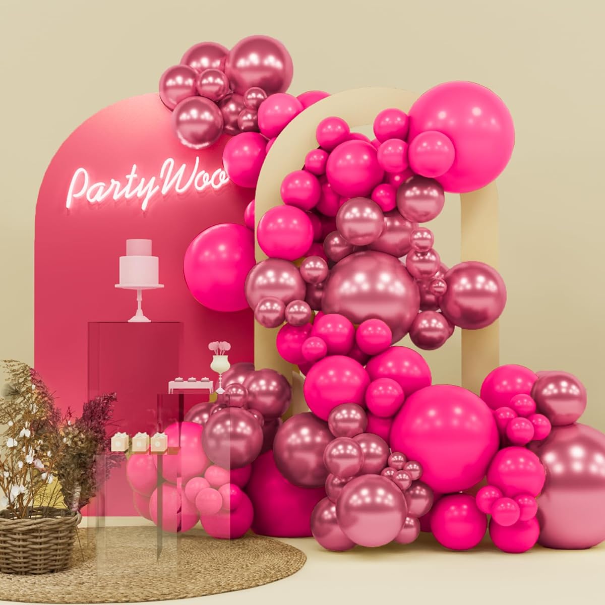 PartyWoo Magenta Balloons 140pcs Magenta and Metallic Dark Pink Balloons Different Size Pack 18" 12" 10" 5" Balloon Garland for Arch Birthday Decoration Party Decorations