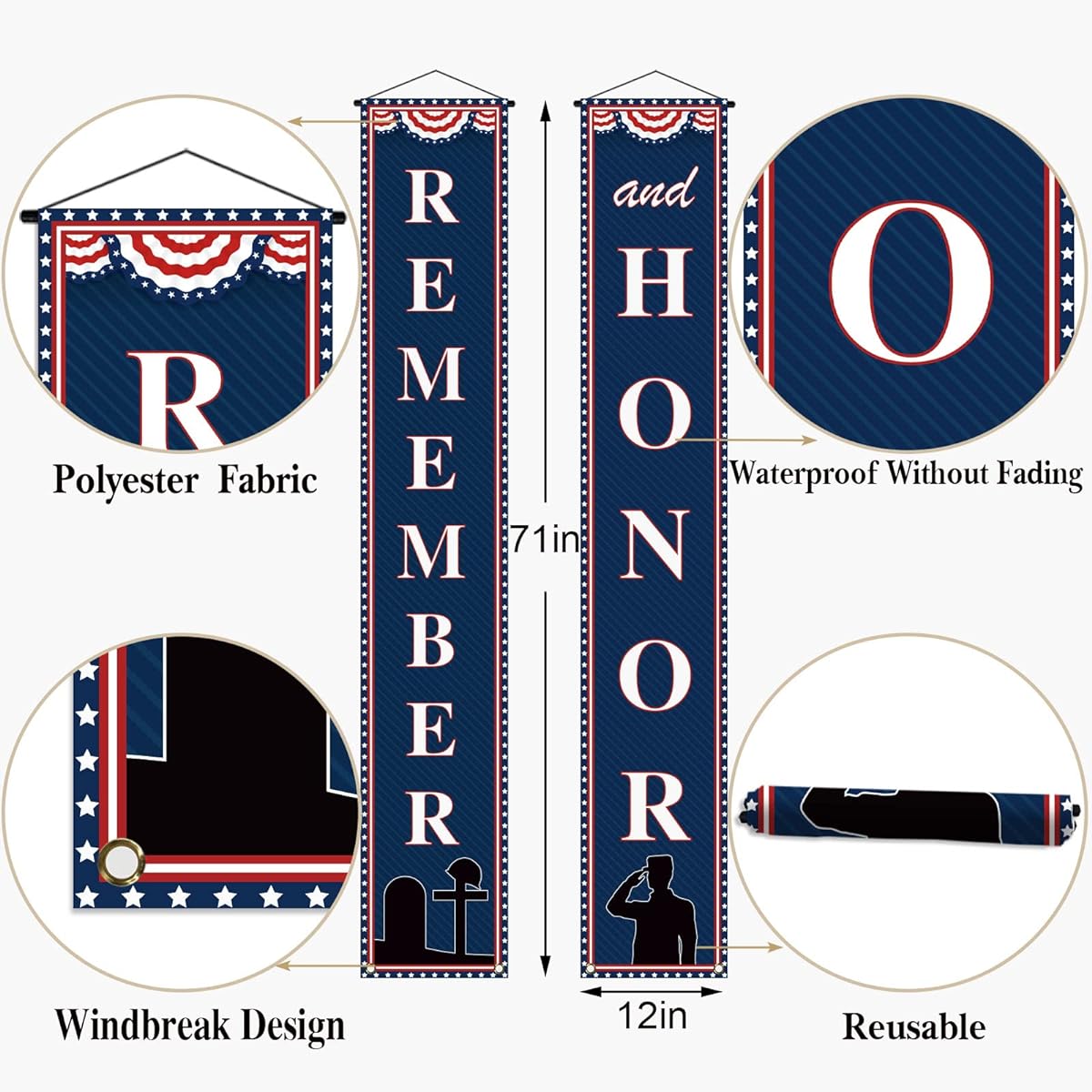 Memorial Day Porch Banner Remember and Honor Stars and Stripes American Patriotism Entrance Sign Wall Hanging Party Decorations