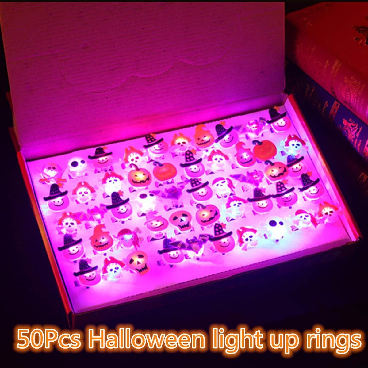 50pcs Halloween Light Up Glowing Rings, Halloween Party Favors LED Rings Halloween Flashing Glowing Finger Rings, Fun Toys for Kids Adults