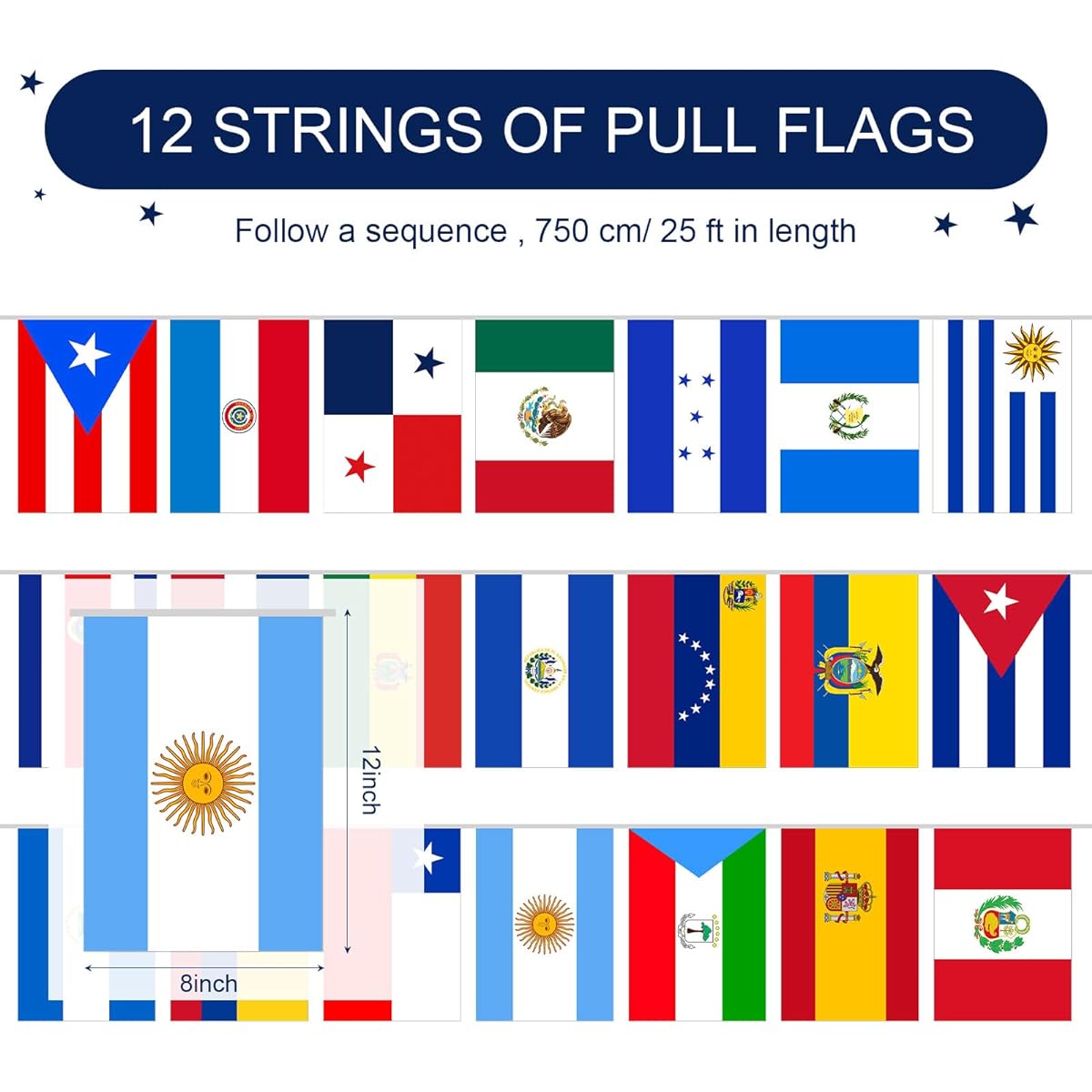 Set of 12 Latin American 21 Countries String Flags Spanish Country Flags Assorted Latin Flag Banners International Flags for Spanish Classroom Decorations National Hispanic Events Sports Bar
