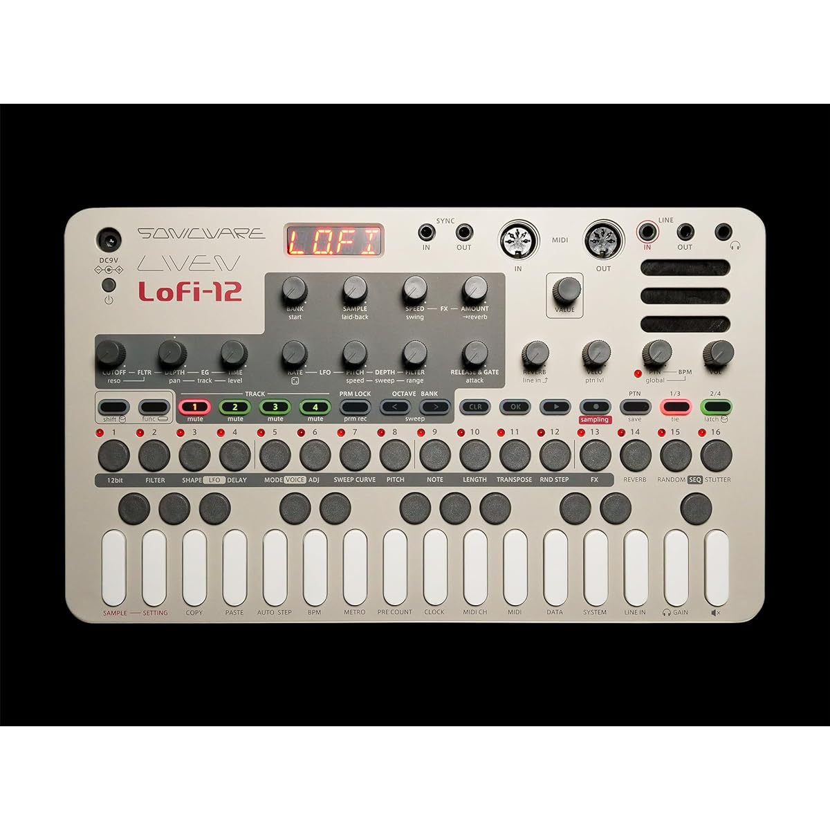 SONICWARE LIVEN Lofi-12 [Lo-fi sampling groove box] Retro sampler - 12-bit sampler mode, 4-track step sequencer, 10 voices, 11 track effects + 9 master effects, battery powered, built-in speaker