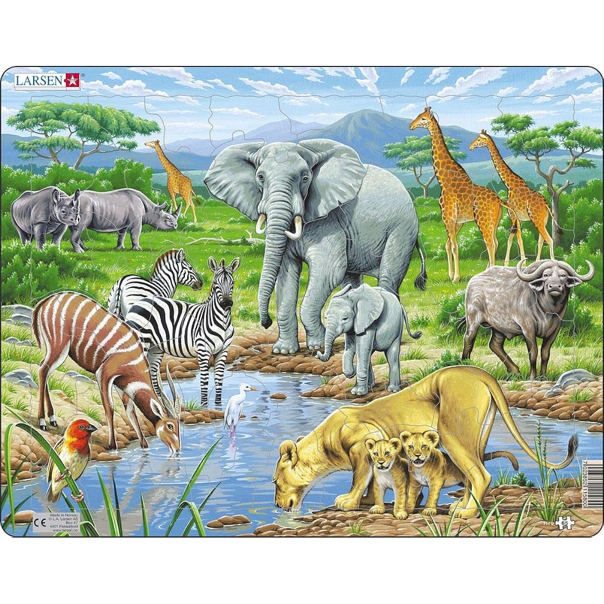 Larsen Puzzles African Savannah Educational Jigsaw Puzzle - 65 Piece Tray & Frame Style Puzzle - Handcrafted Exclusively from Norway
