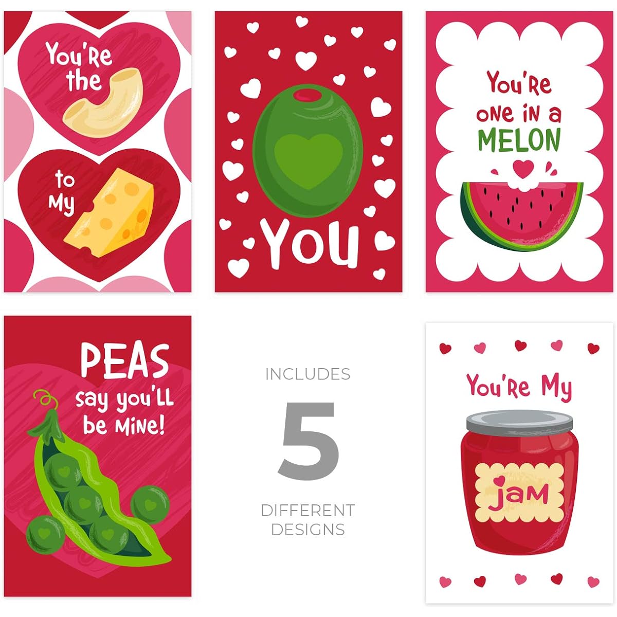Valentine's Day Food Bread Postcards / Pack of 25 Illustrated Food Postcards / 5 Adorable Food Humor Card Designs / 4" x 6" Flat Valentine's Day Funny Classroom Student Cards / Galentine's Day Cards / Made in the USA