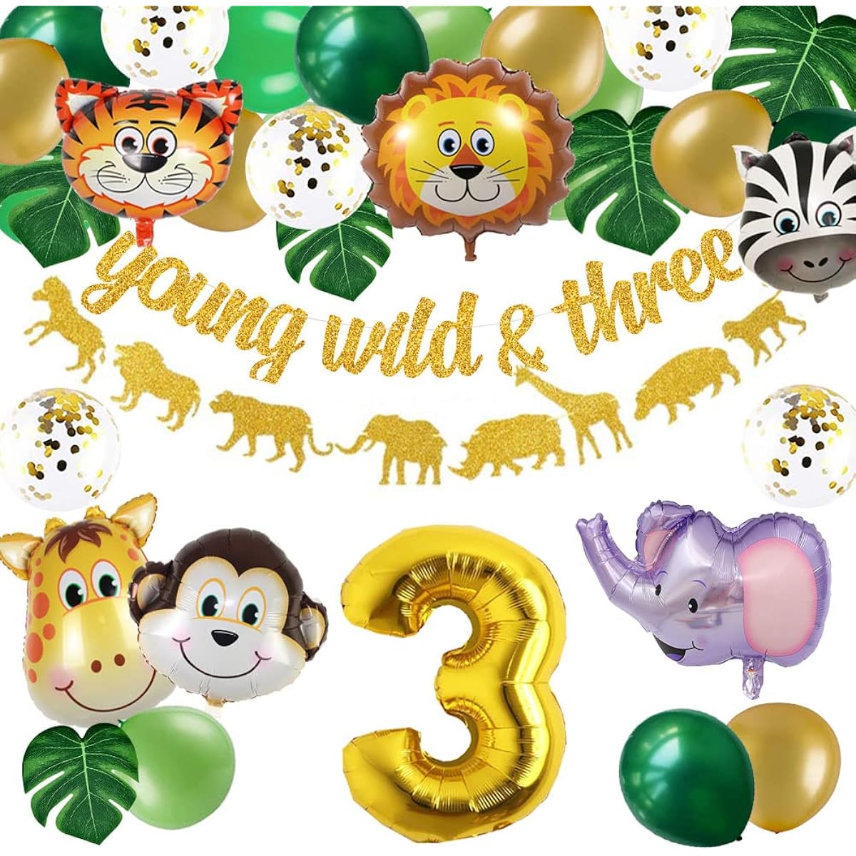 Jungle 3rd Birthday Decorations, Wild 3 Birthday Party Supplies Kit with Jungle Theme Animal Heads Foil Balloons Safari Garland & Young Wild 3 Banner for Baby Boy Girl 3rd Birthday Decor Green