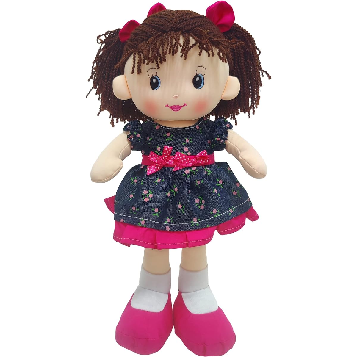 Linzy Plush 16" Libby Soft Plush Ragdoll Navy Bluesless and Printed Magenta Rose, Ragdolls for Girls Munecas de trapo para nina