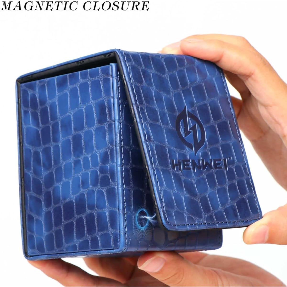 MTG Deck Box Premium PU Leather Card Protection, Holds 100+ Sleeved Cards, Twin Flip Deck for Commander, PVC-Free, Strong Magnetic Card Holder Storage (Blue)