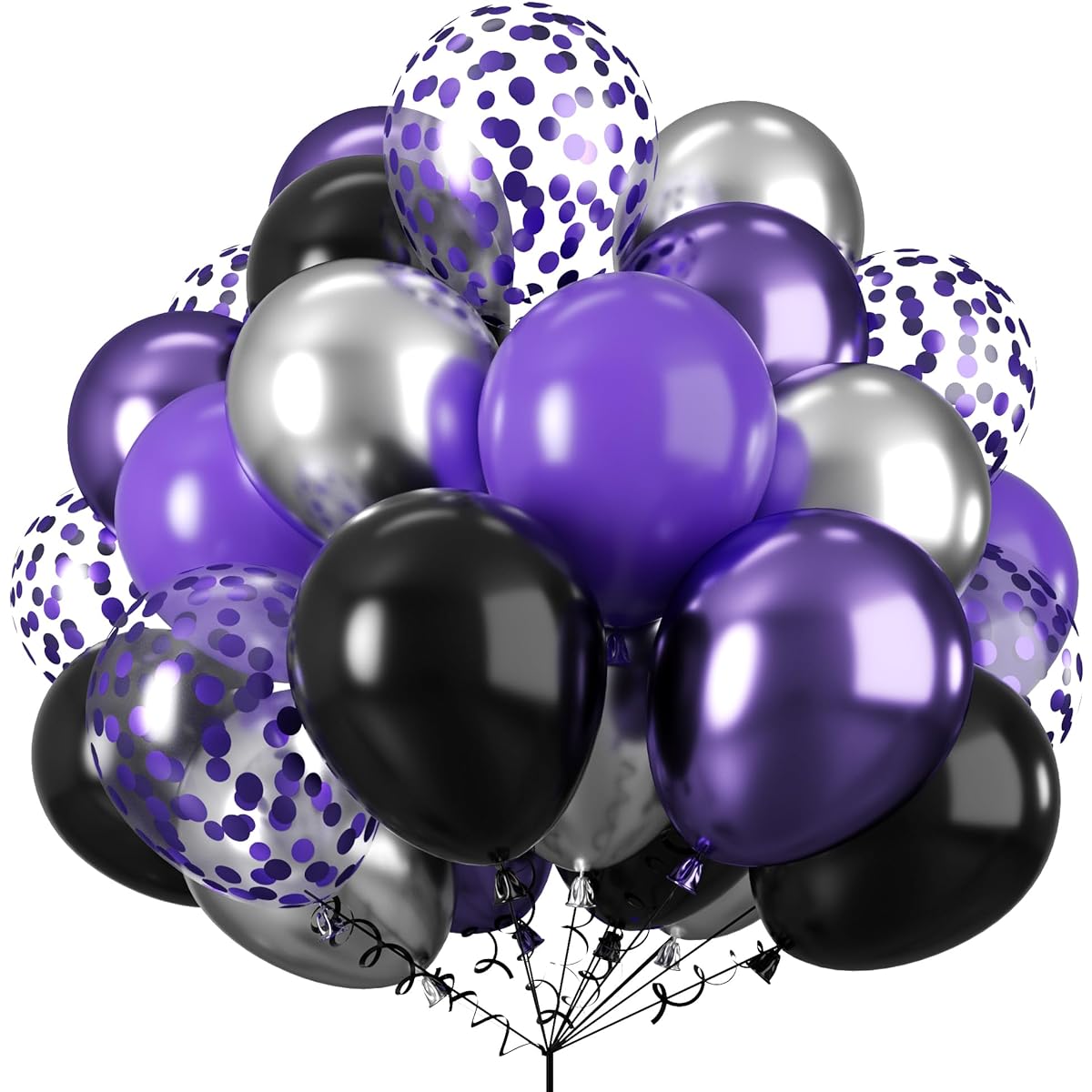 Purple and Black Balloons, Pack of 60, 12 inch Dark Purple, Light Purple, Black Balloons, Metallic Silver Confetti Latex Balloons for Halloween Girls Women Birthday Wedding Party Decorations