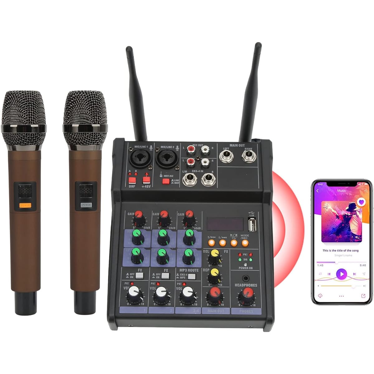 4 Channel Audio Mixer, Professional Bluetooth USB Sound Mixer with Dual Wireless Microphone, MP3 Soundboard Console System for Live Streaming, 16 DSP & Dual L Band Equalizer