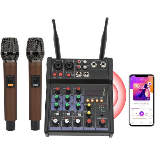 4 Channel Audio Mixer, Professional Bluetooth USB Sound Mixer with Dual Wireless Microphone, MP3 Soundboard Console System for Live Streaming, 16 DSP & Dual L Band Equalizer