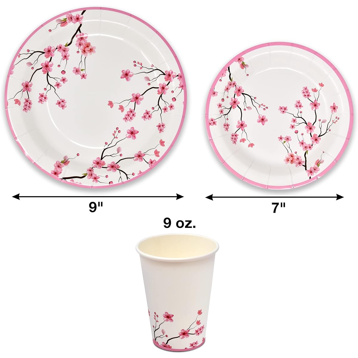Floral Cherry Blossom Party Supplies Disposable Tableware Set - 24 9" Dinner Plates, 24 7" Paper Plates, 24 9oz Cups, 24 Lunch Napkins, Spring Pink Flowers for Bridal & Baby Shower, Wedding, Tea, Birthday Party