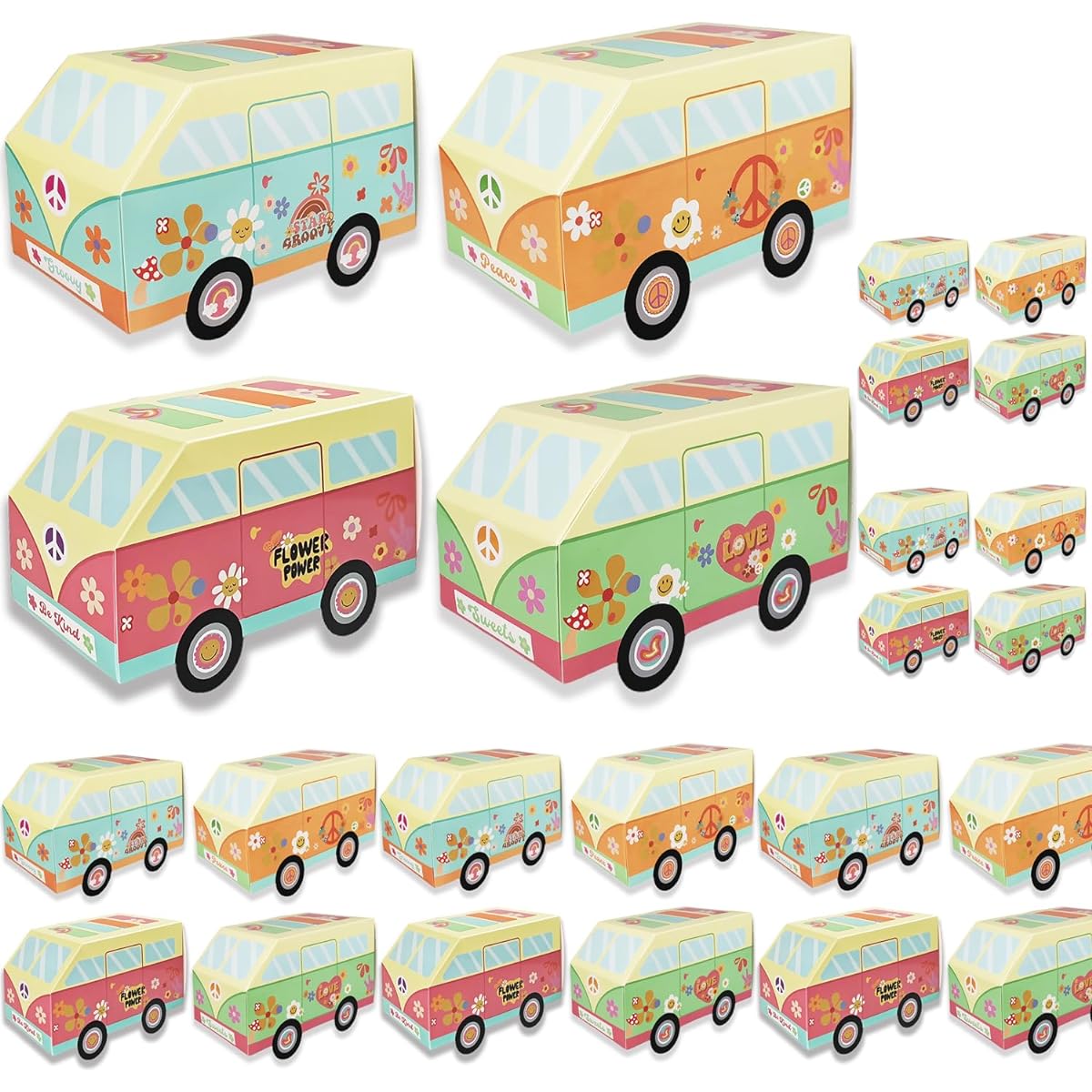 KIWILEPI Groovy Party Decorations 8/24 Pack Groovy Party Favors Boho Hippie Bus Boxes for 2 Groovy Birthday Party Decorations Retro 60s 70s Table Centerpieces Sweets Candy Paper Boxes Party Supplies (24)