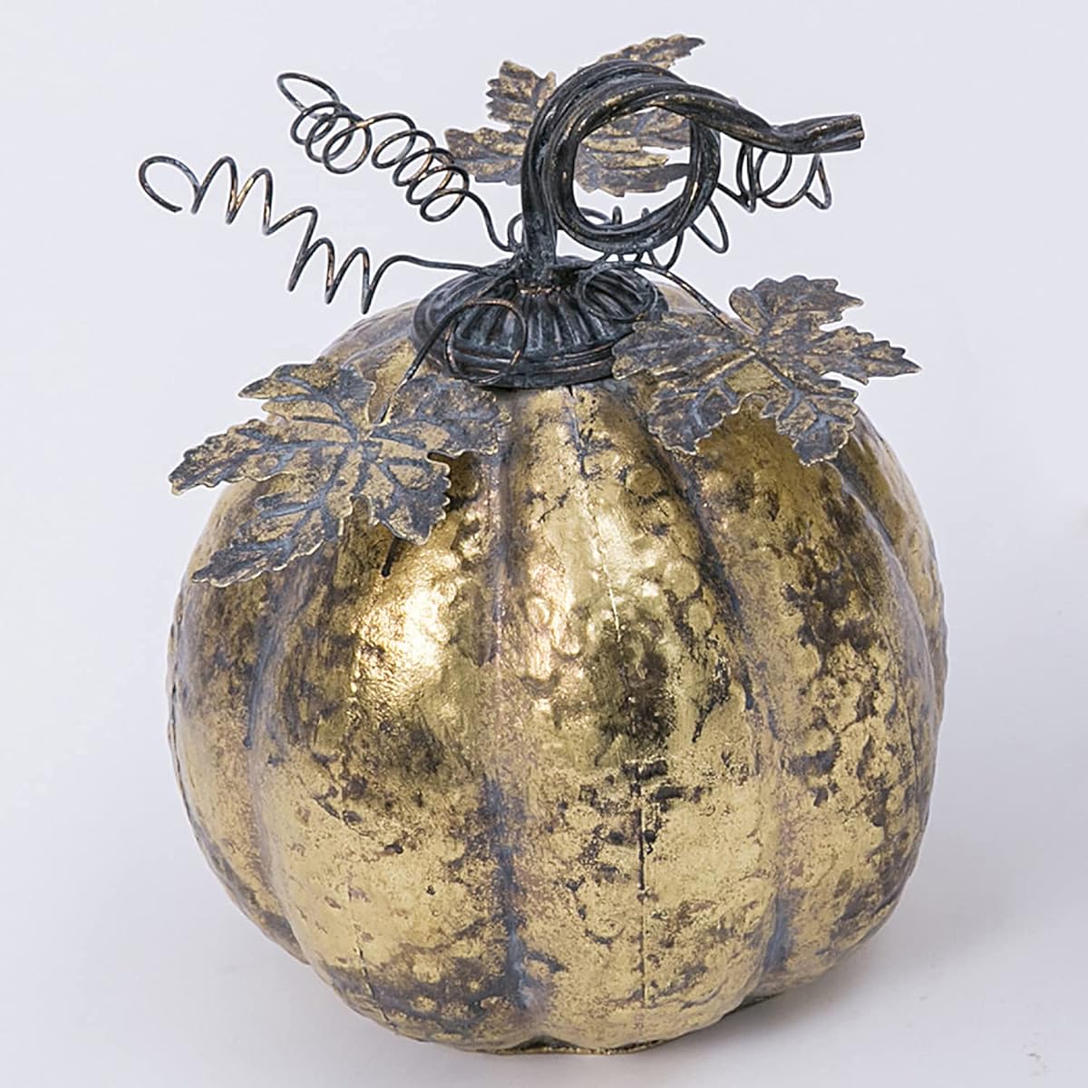 One Holiday Way 9" Rustic Distressed Gold Metal Tall Decorative Harvest Pumpkin with Leaf and Vine Accents - Elegant Fall Table Decor - Countryside Harvest Thanksgiving Halloween Fall Decor