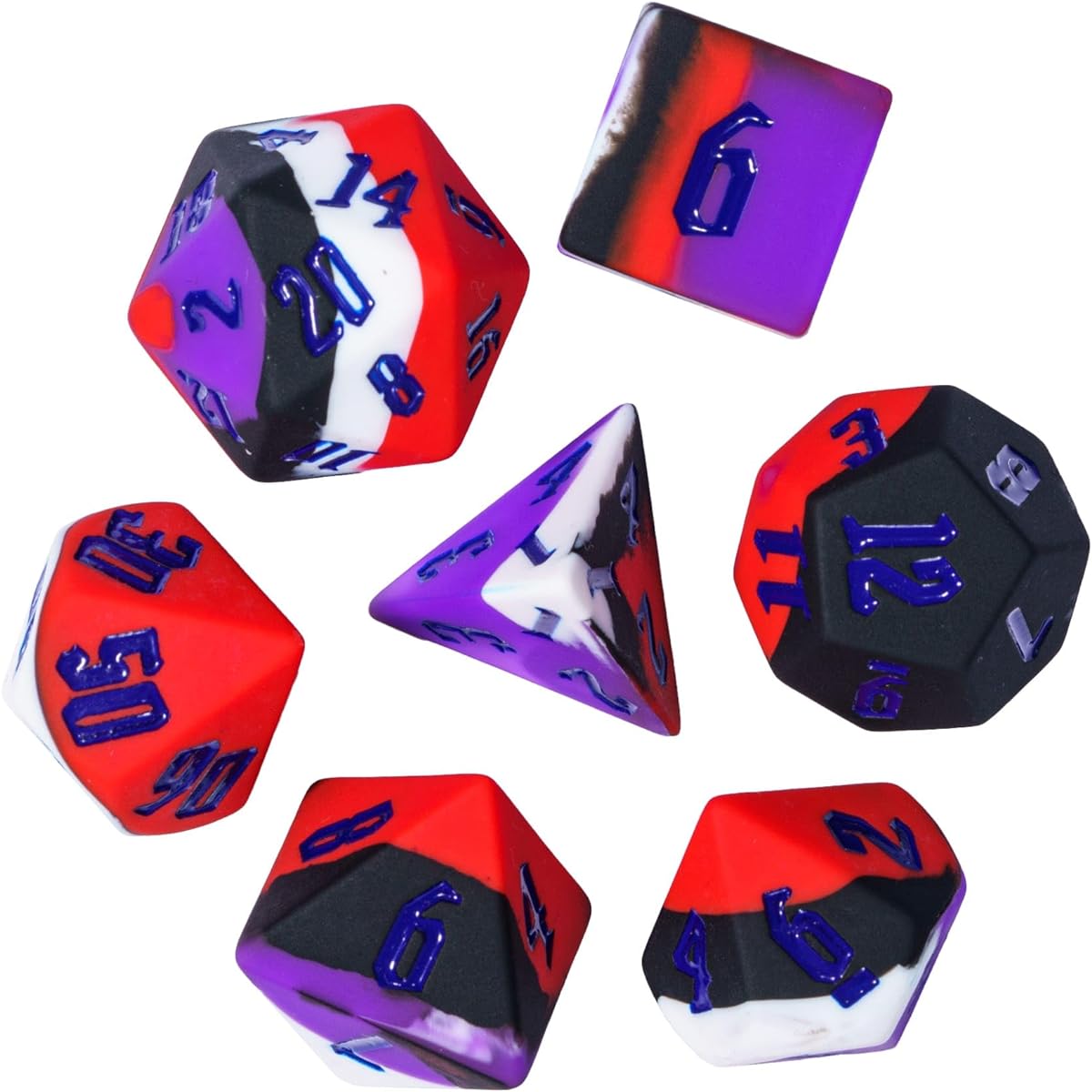 IUSTIDIE 7 Die Silicone DND Dice Polyhedral Dice D&D Dice Set Bright Color Soft & Comfortable Touch Perfect Bouncer for D&D RPG Bar Pub Club Classroom Party Game (Black White Red Purple/B)