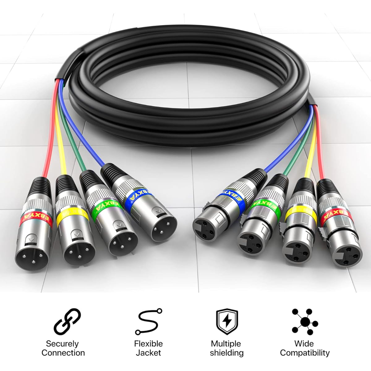 EBXYA 15Ft XLR Snake Cables - 4 Colored 4 Channel Microphone Cable Patch Speaker Cable 3-Pin XLR Male to Female, 2 Pack