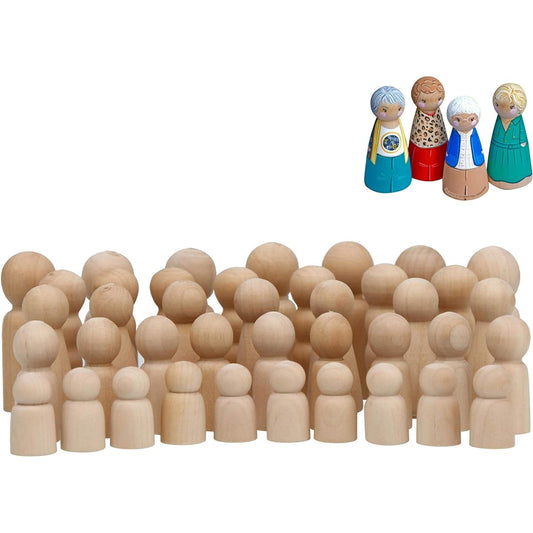 40pcs Wooden Peg Dolls Unfinished People Assorted Sizes Natural Wood Shapes Decorative Dolls for DIY Arts and Crafts