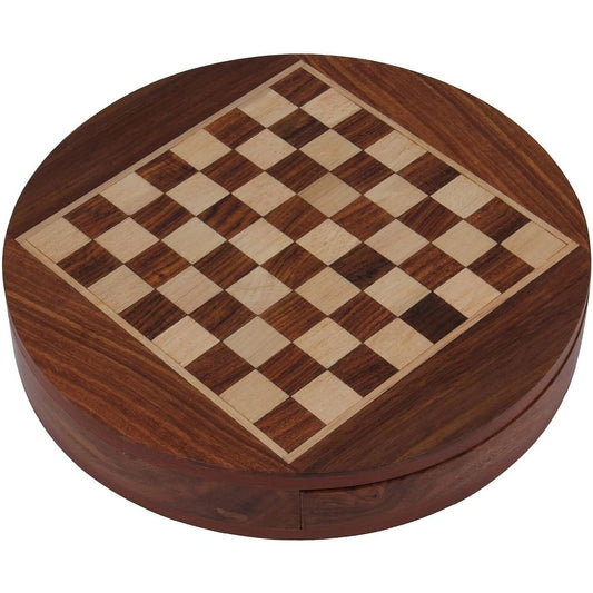 Wooden Chess Set with Drawer 9 Inch Diameter- A Beautiful Wooden Round Magnetic Chess with Drawer by Crafts'man. A