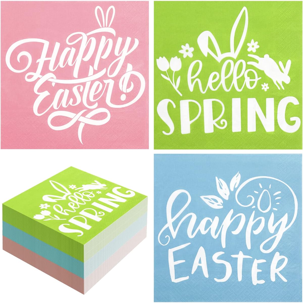 Whaline Easter Napkins 75 Pack 6.5 x 6.5 Inch Pink Green Blue Luncheon Napkins Happy Easter Hello Spring Disposable Paper Napkins Dinner Napkins Spring Easter Party Supplies Table Decorations