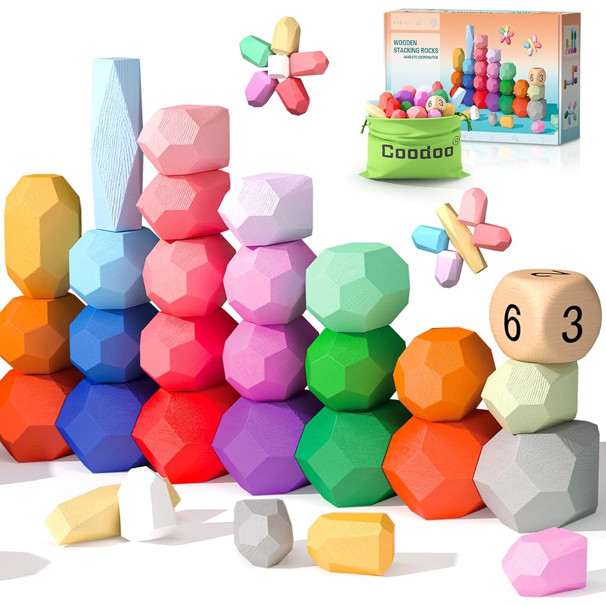Toys for Toddlers Wooden Stacking Rocks Big Dice Set Preschool Learning Activities Classroom Supplies Building Blocks Safe Creative Kids Toys Family Games Montessori Toys Ages 1+ Boys Girls