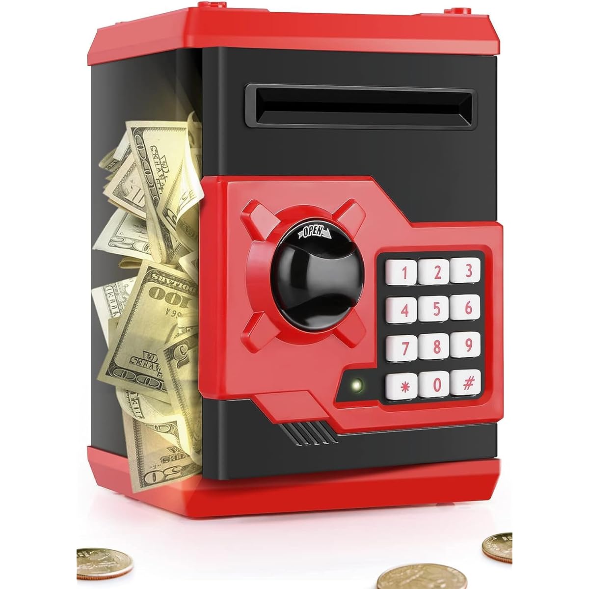 PLAYSHEEK Piggy Bank for Girls and Boys, Large Electronic Money Piggy Bank with Password Protection, Automatic Paper Money Pouch, Scrolling Saving Box, Great Gift for Kids (Black Red)