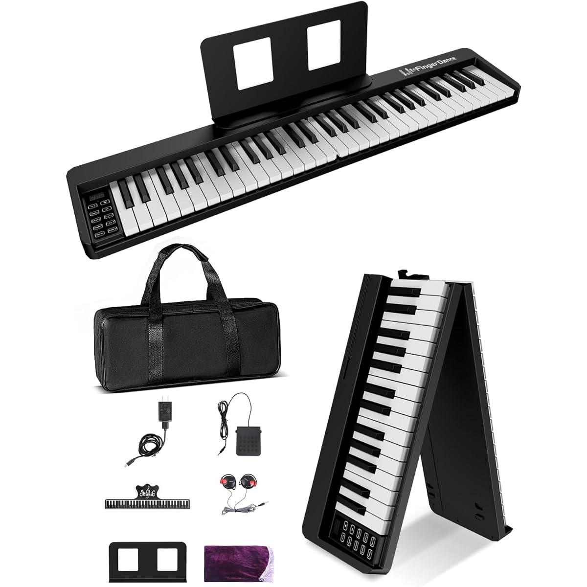 Electronic Piano 61 Keys Foldable Beginner Practice Lightweight Handheld Carrying Case with Pedals Dedicated Mat (Black)